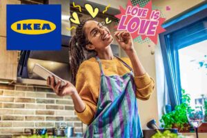logo ikea ragazza felice che cucina grafica cuori e love is love