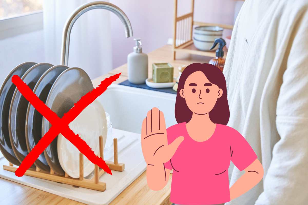 scolapiatti su lavandino, grafica donna con mano davanti, grafica x