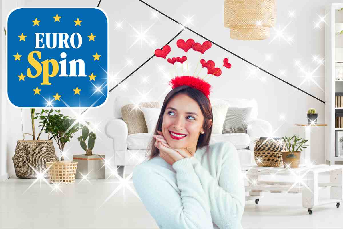 eurospin logo, donna innamorata, salotto e grafica stelline splendenti
