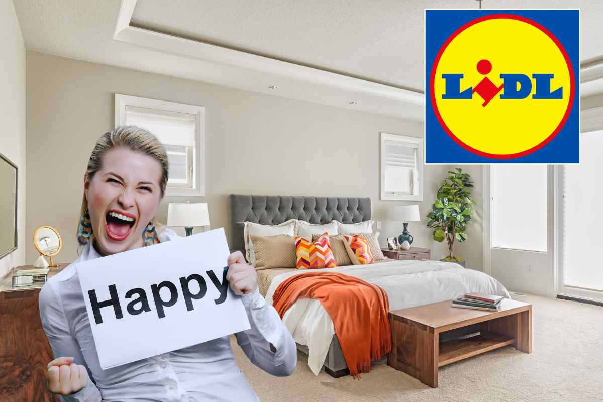 camera da letto, donna con cartello happy e logo lidl