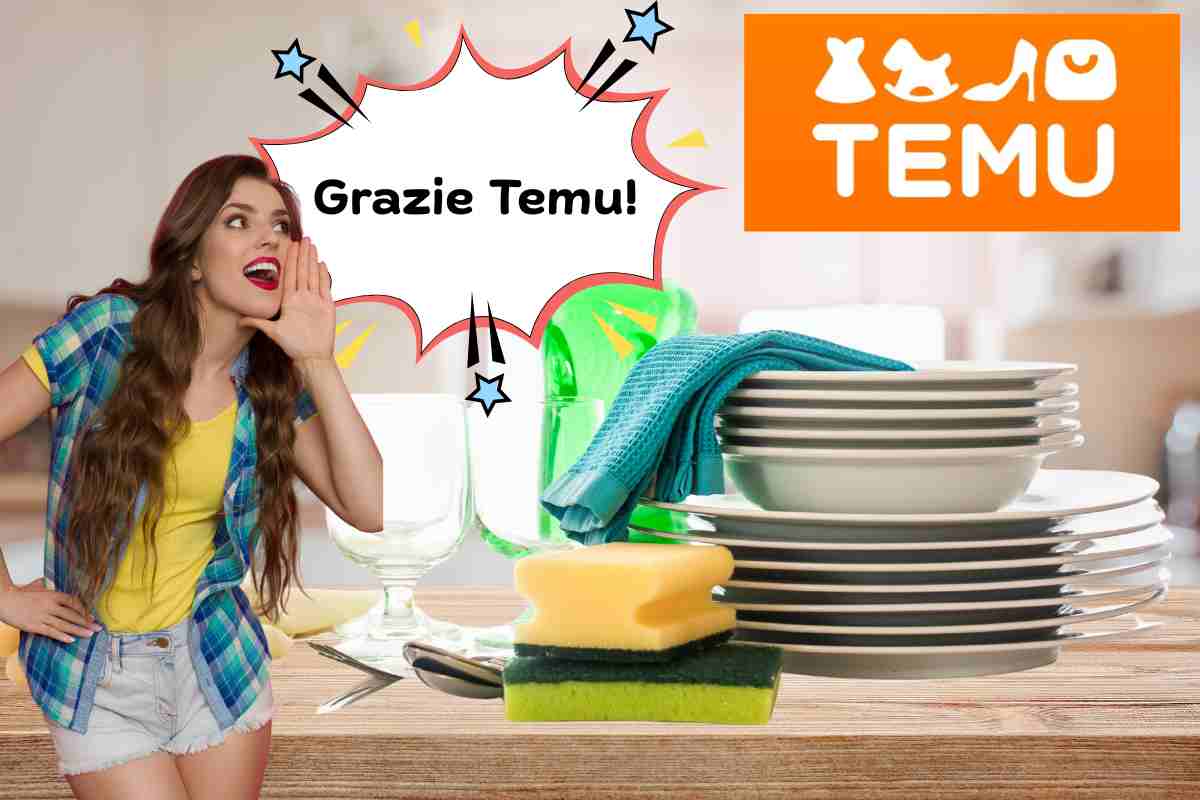 ragazza grida, nuvoletta fumetto, scritta grazie temu, piatti bicchieri, logo temu