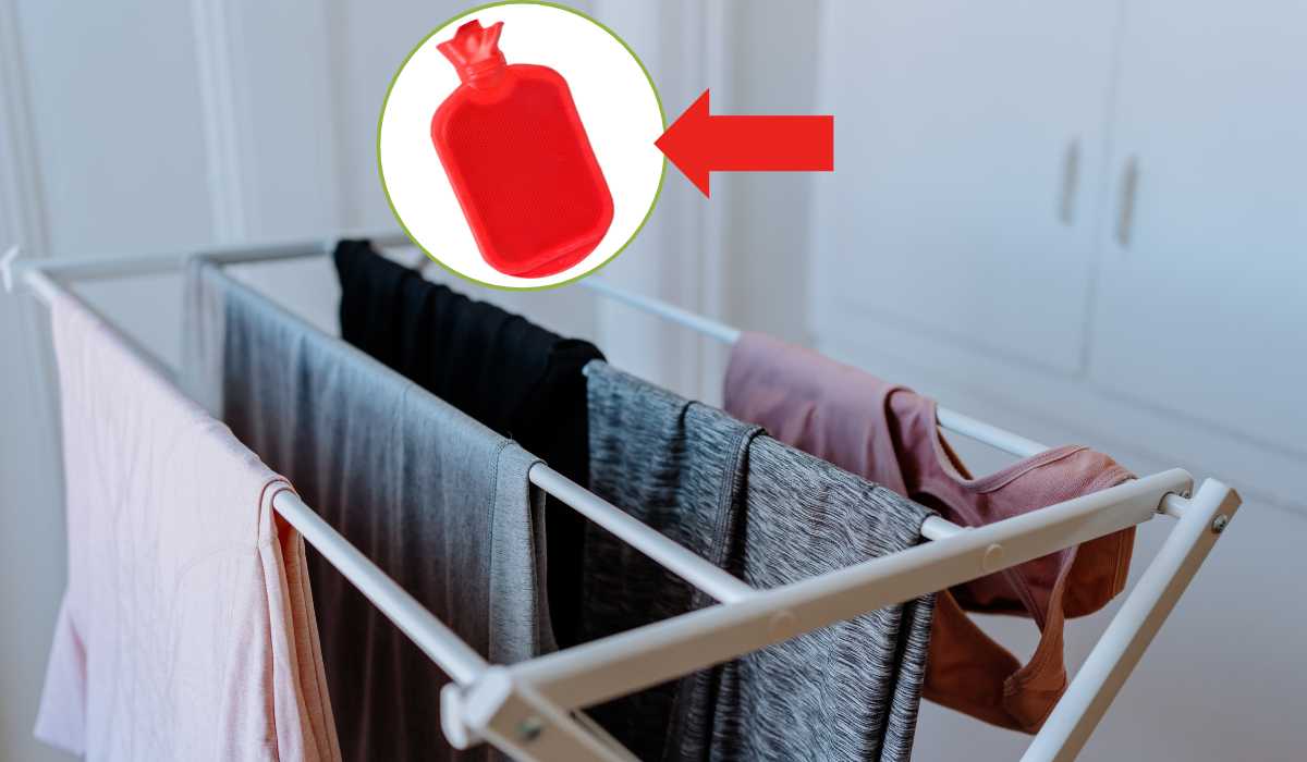 stendere bucato sullo stendino con borsa d'acqua calda