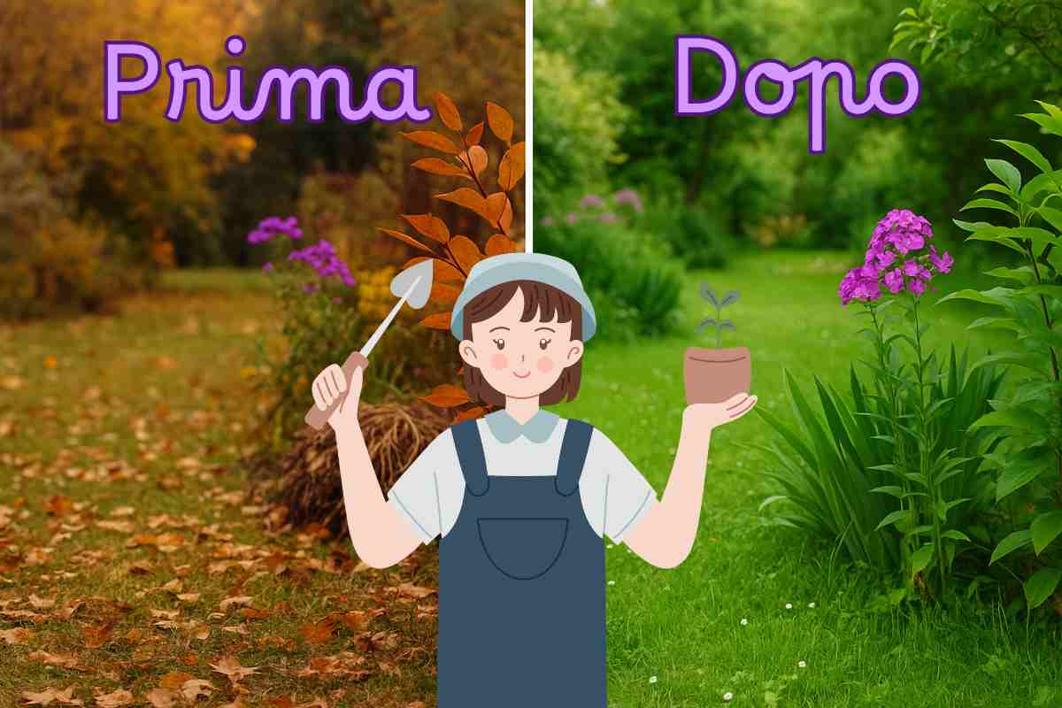 giardino autunno e primavera, grafica persona che si dedica al giardinaggio, scritta prima e dopo