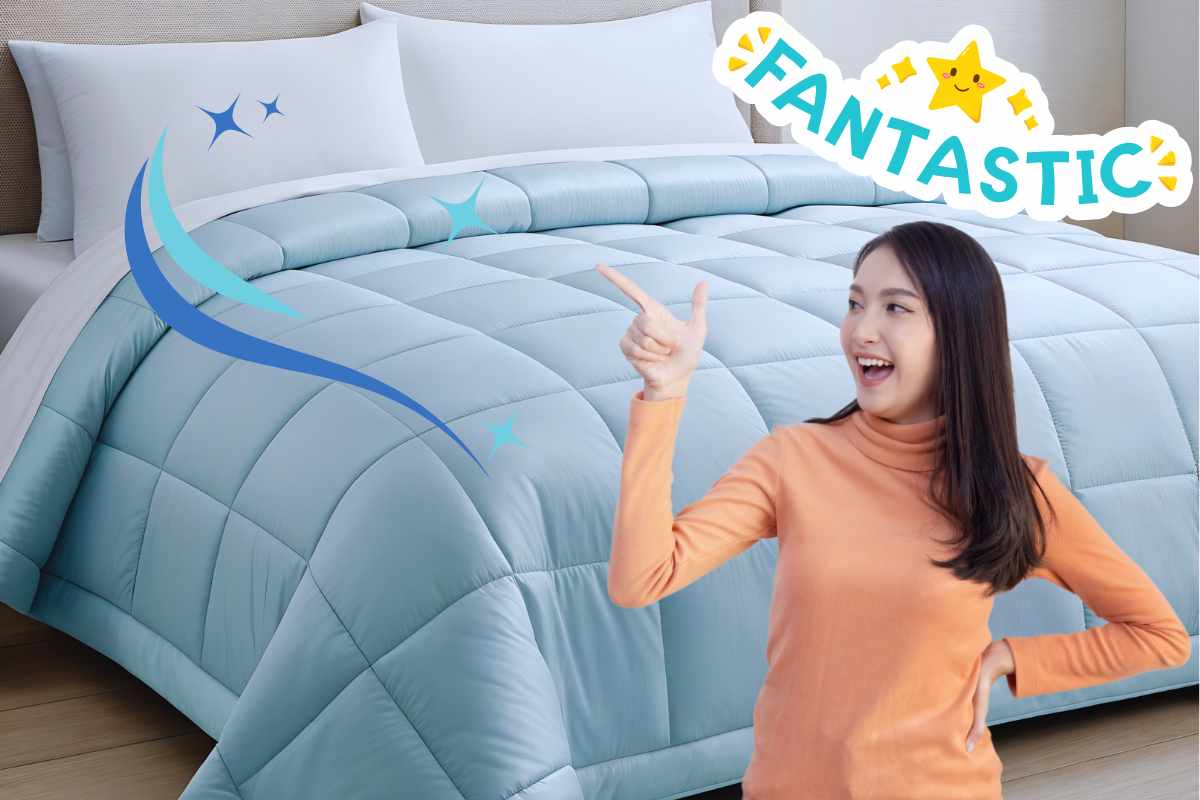 letto con trapunta, grafica pulito e profumato, grafica fantastic, donna indica